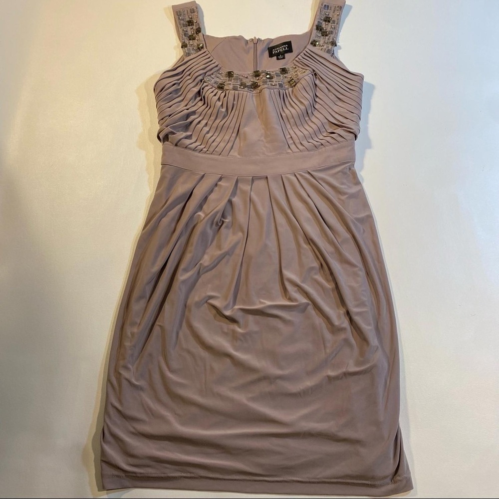 Adrianna Papell Size 6 Pale Mauve Pleated Knee Length Cocktail Dress Rhinestones